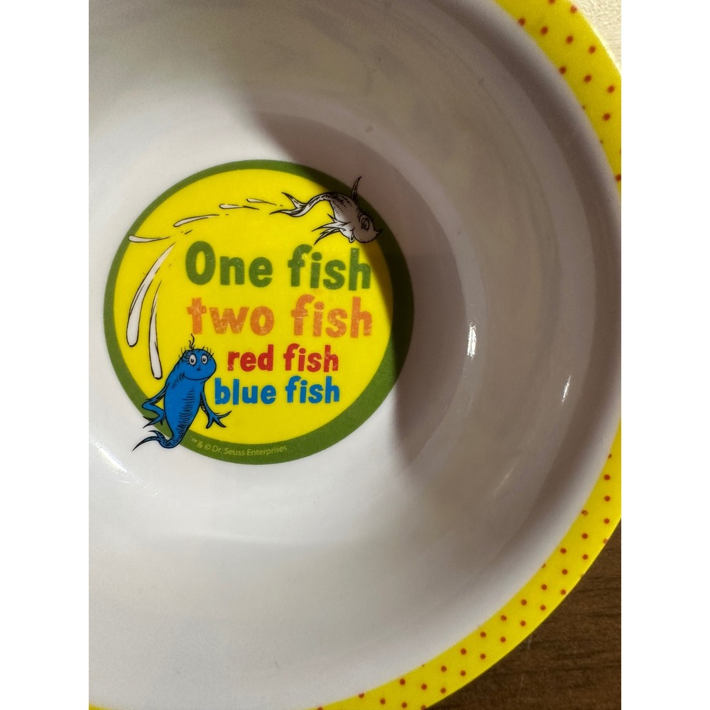 Dr Seuss One Fish Two Fish Red Fish Blue Fish Melamine Bowl Yellow Polka Dot Rim